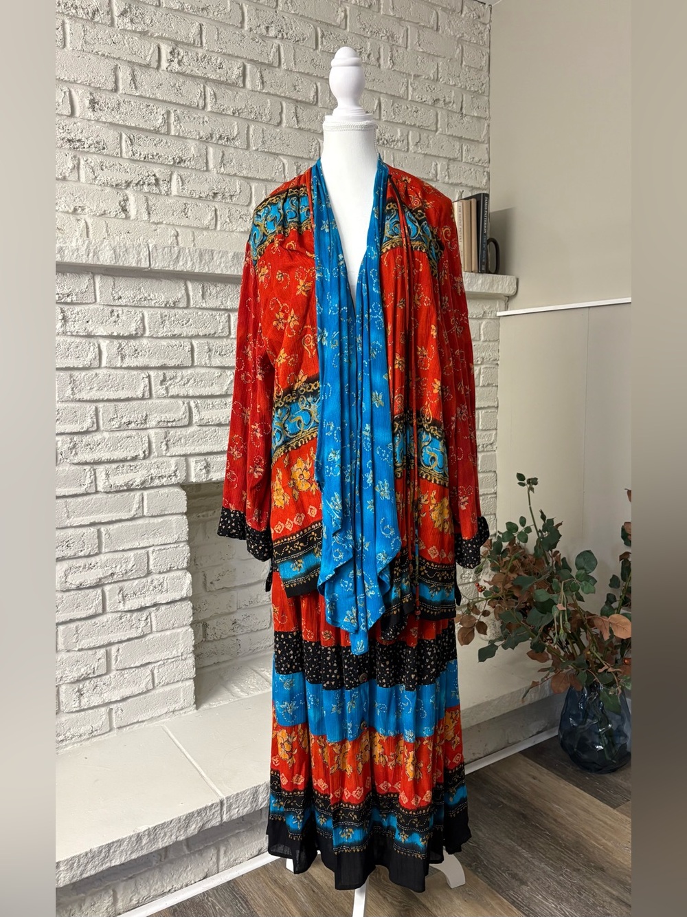 VINTAGE Carole Little 2pc Maxi Skirt Duster Set Boho Crinkle Rayon 16